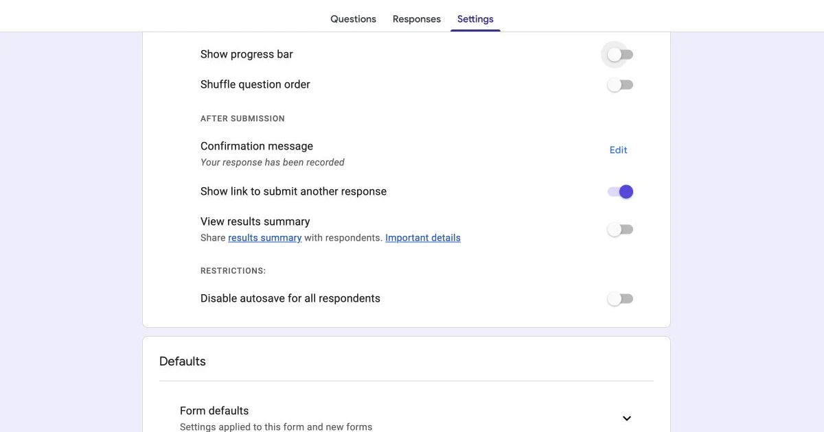 Current English Google Forms settings showing the View results summary description and toggle