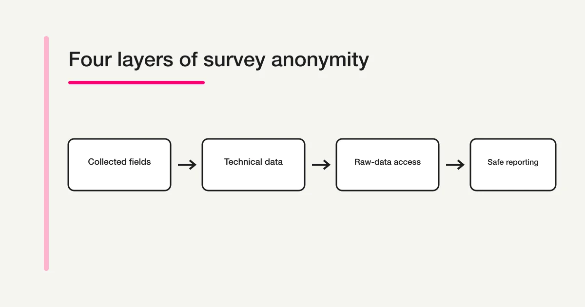 Four layers of an anonymous survey: collected fields, technical and operational data, access, and reporting
