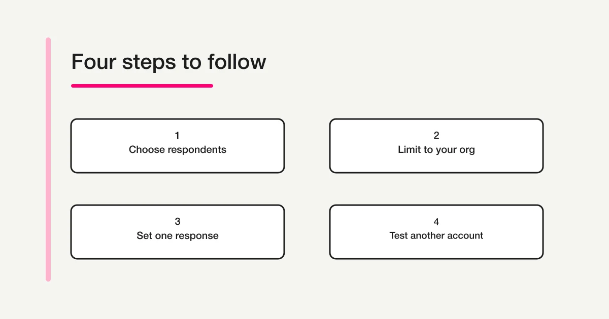 Microsoft Forms one-response setup: choose eligible respondents, limit access to the organization, enable one response per person, and test with another account