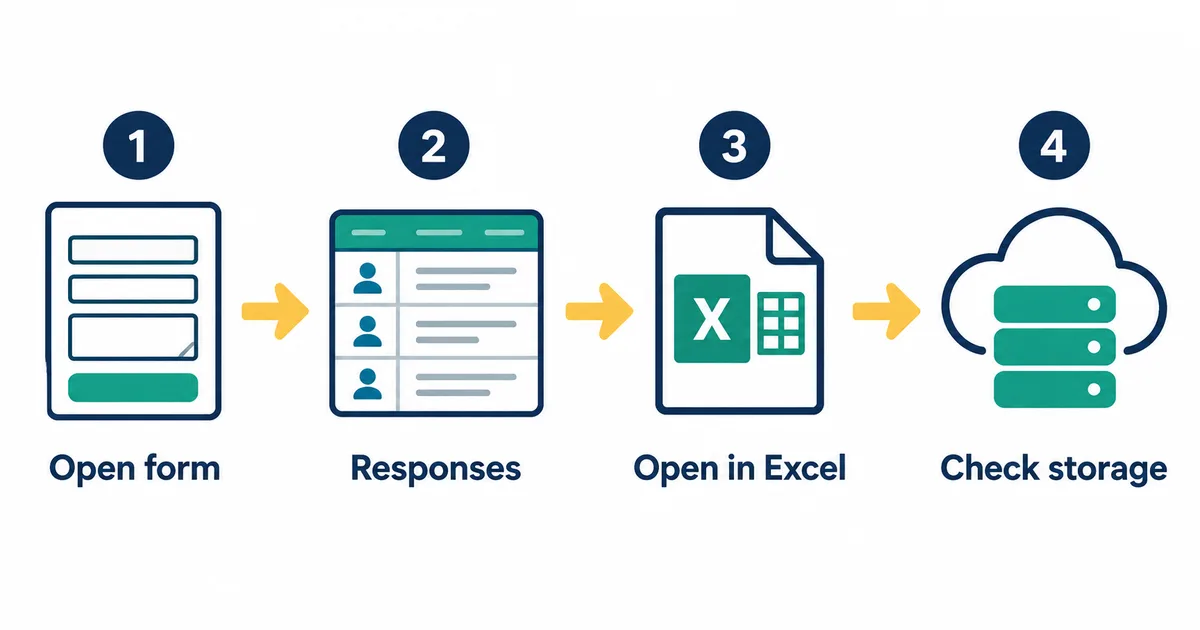 Four steps from opening a form to its Responses tab, opening in Excel, and checking storage