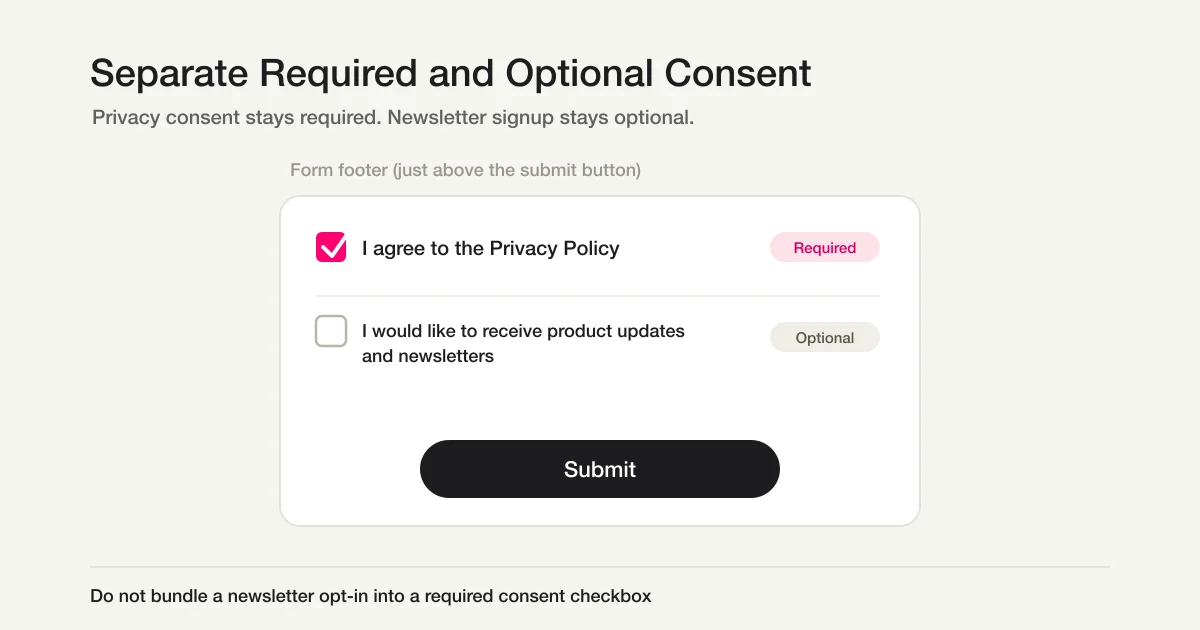 A form footer separating required privacy consent from optional newsletter consent